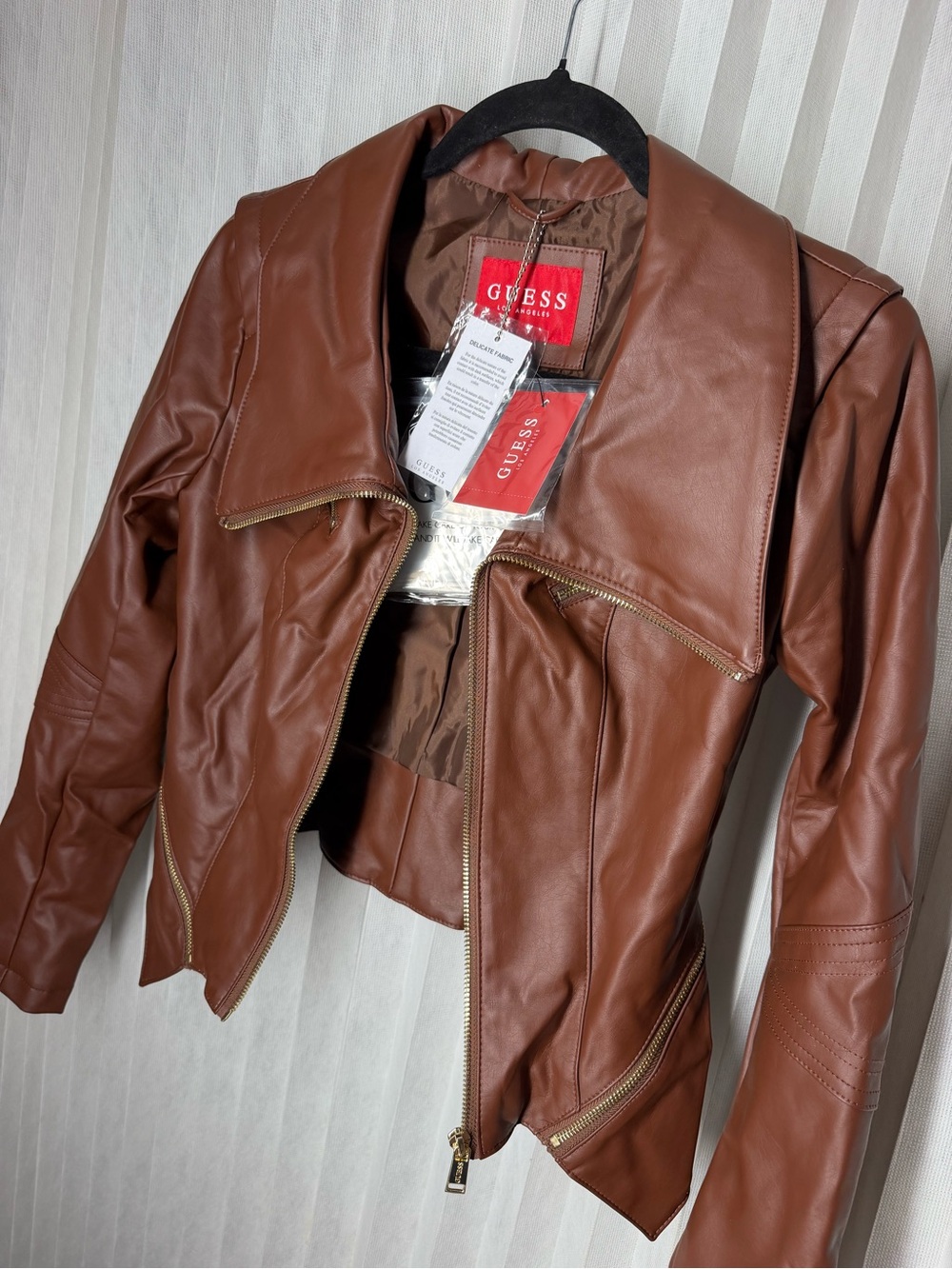GUESS Brown Faux Leather Asymmetrical Zip Moto Jacket